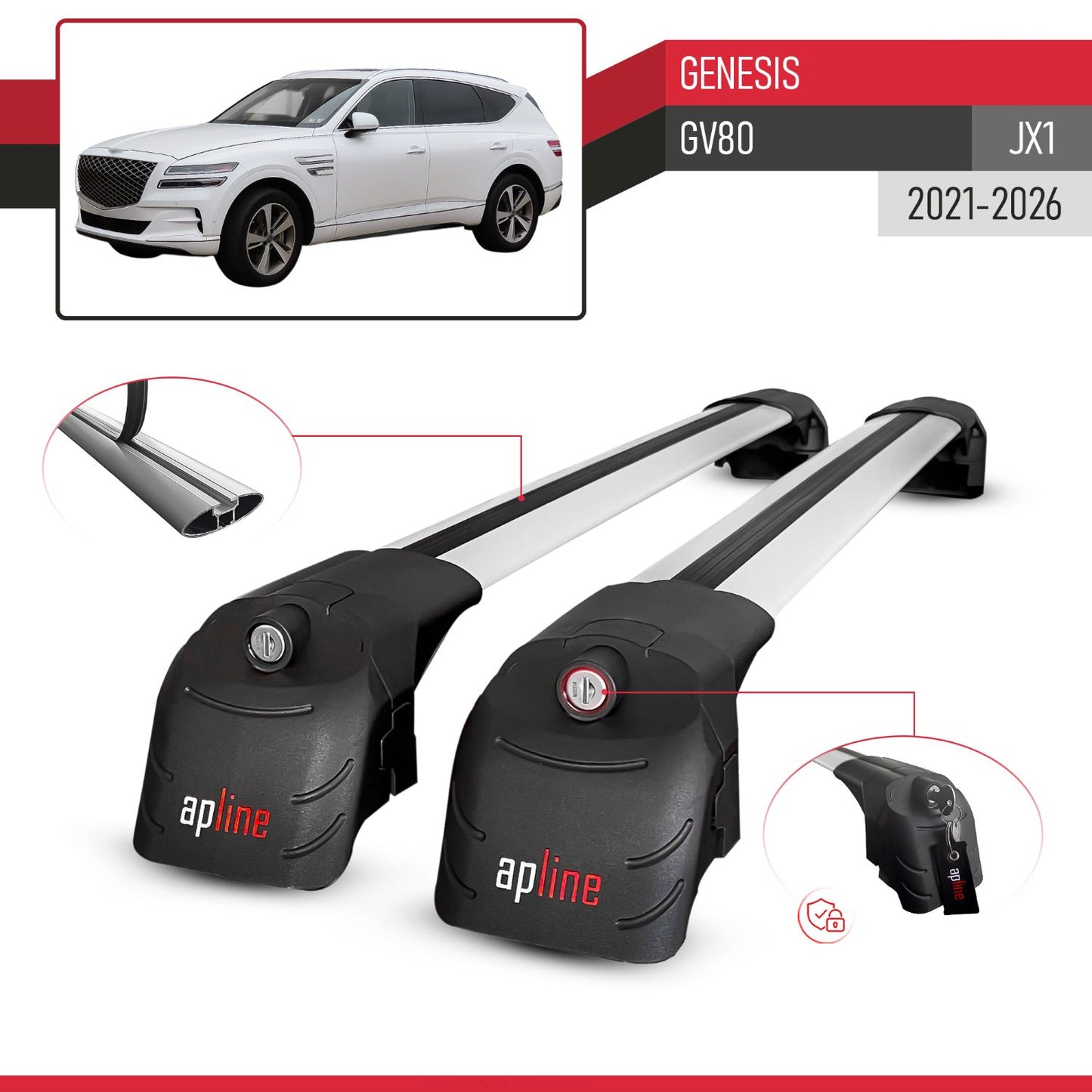 Compatible with Genesis GV80 (JX1) 2021-2025 ACE-2 Car Roof Rack Cross Bar Grey Aluminium 2 Bars