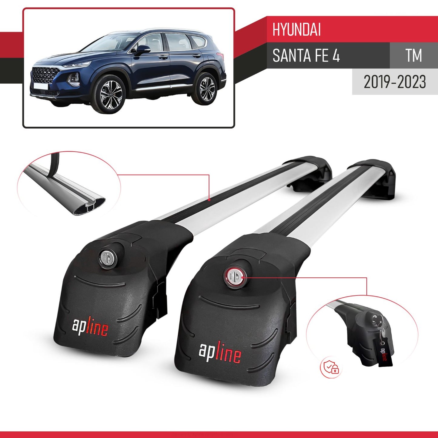 Compatible with Hyundai Santa Fe 4 (TM) 2019-2023 ACE-2 Car Roof Rack Cross Bar Grey Aluminium 2 Bars