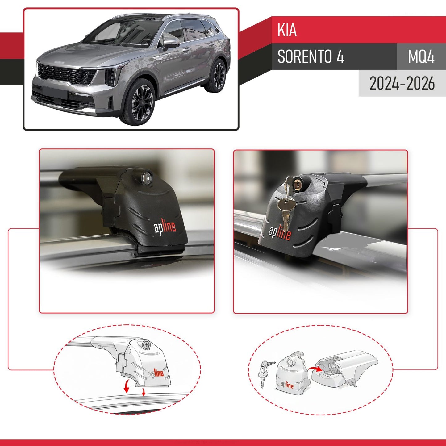 Compatible avec Kia Sorento 4 (MQ4) Post-Facelift 2024-2026 ACE-2 modèle Barres de Toit Railing Porte-Bagages de Voiture Gris Aluminium Barres