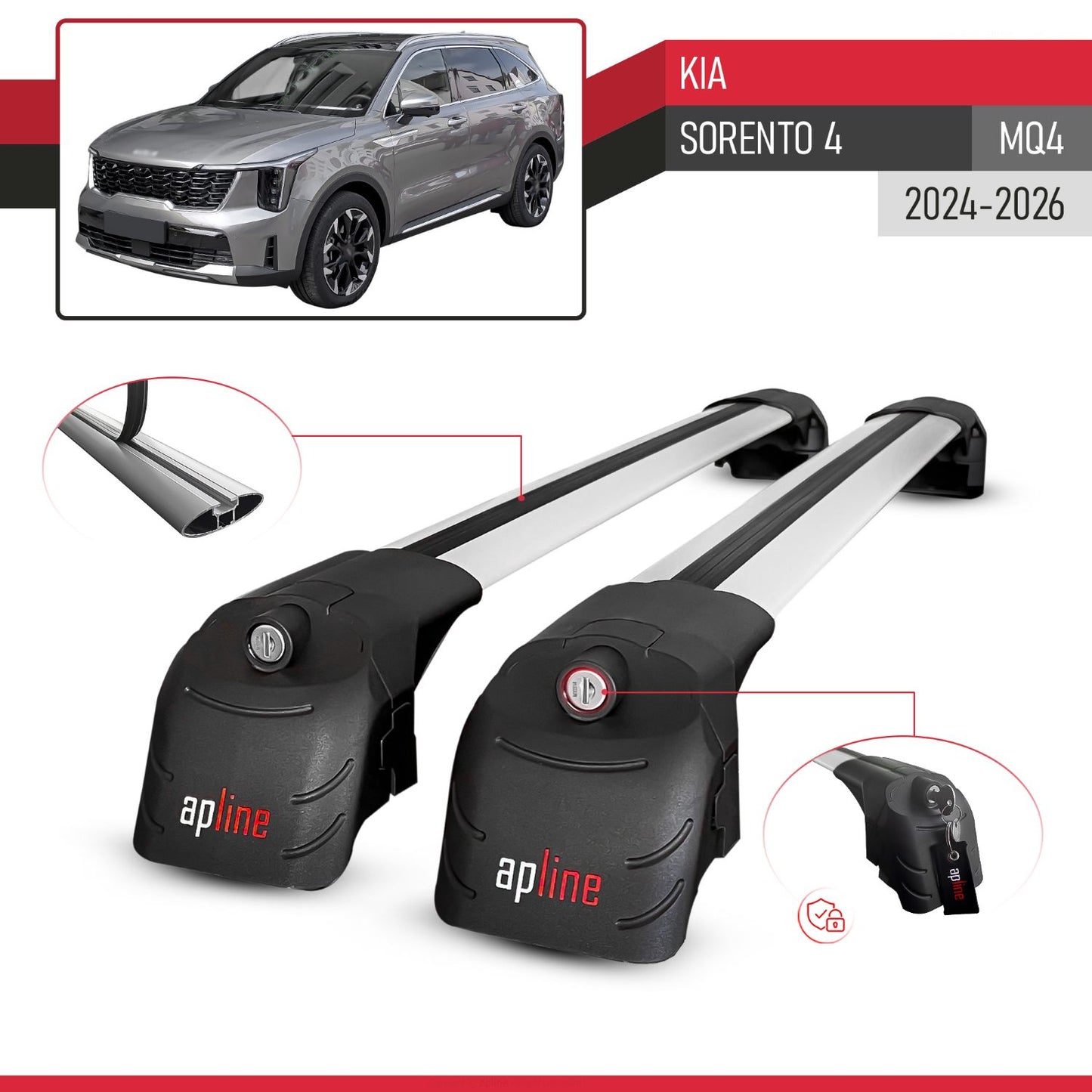 Compatible avec Kia Sorento 4 (MQ4) Post-Facelift 2024-2026 ACE-2 modèle Barres de Toit Railing Porte-Bagages de Voiture Gris Aluminium Barres