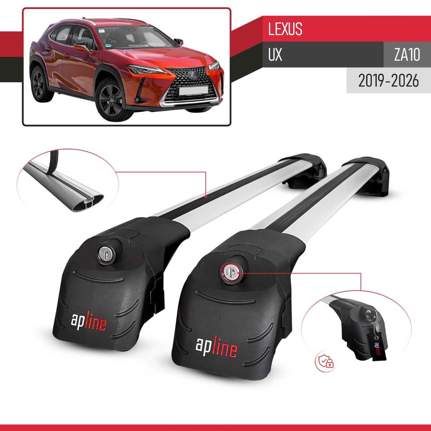 Compatible with Lexus UX (ZA10) 2019-2025 ACE-2 Car Roof Rack Cross Bar Grey Aluminium 2 Bars
