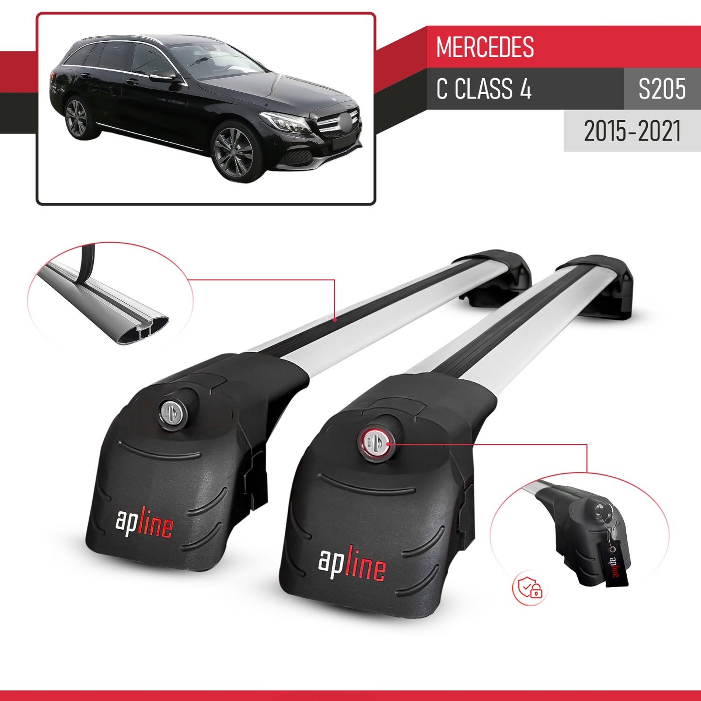 Compatible avec Mercedes C Class 4 (S205) 2015-2021 ACE-2 modèle Barres de Toit Railing Porte-Bagages de Voiture Gris Aluminium Barres