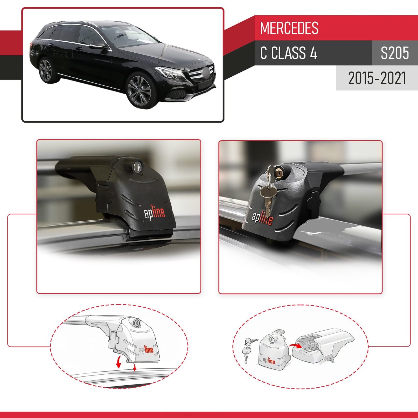 Compatible avec Mercedes C Class 4 (S205) 2015-2021 ACE-2 modèle Barres de Toit Railing Porte-Bagages de Voiture Gris Aluminium Barres