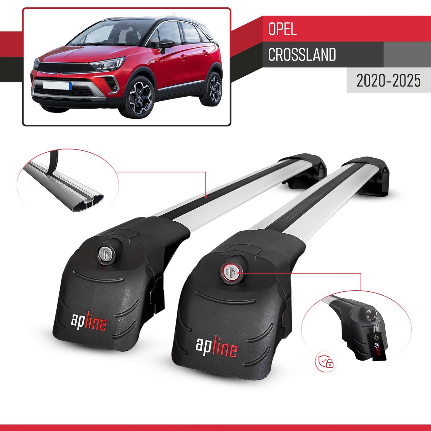 Compatible with Opel Crossland 2020-2024 ACE-2 Car Roof Rack Cross Bar Grey Aluminium 2 Bars