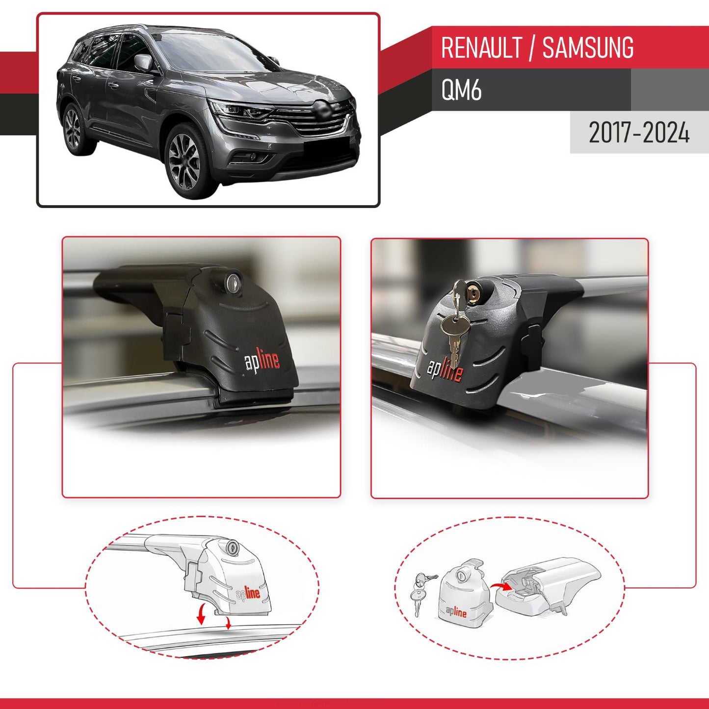 Compatible with Renault Samsung QM6 2017-2024 ACE-2 Car Roof Rack Cross Bar Grey Aluminium 2 Bars