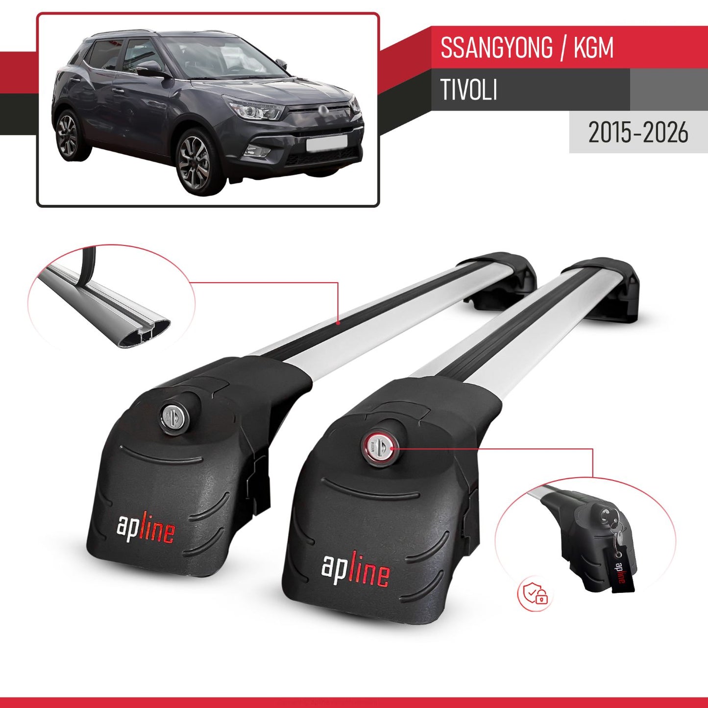 Compatible avec Ssangyong/KGM Tivoli 2015-2026 ACE-2 modèle Barres de Toit Railing Porte-Bagages de Voiture Gris Aluminium Barres