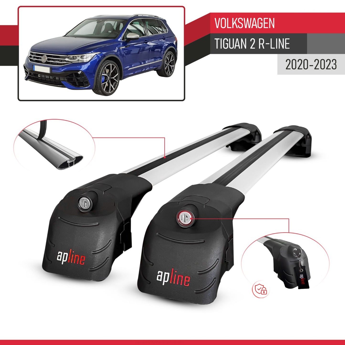 Compatible avec Volkswagen Tiguan 2 R-Line Post-Facelift 2020-2023 ACE-2 modèle Barres de Toit Railing Porte-Bagages de Voiture Gris Aluminium Barres