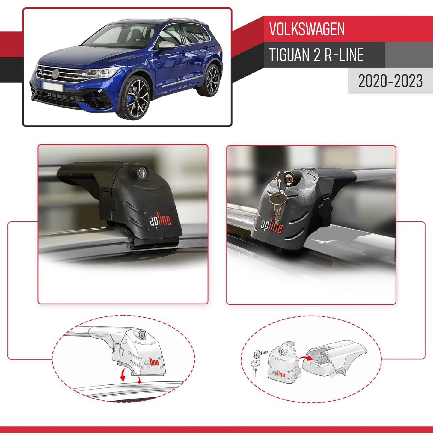 Compatible avec Volkswagen Tiguan 2 R-Line Post-Facelift 2020-2023 ACE-2 modèle Barres de Toit Railing Porte-Bagages de Voiture Gris Aluminium Barres