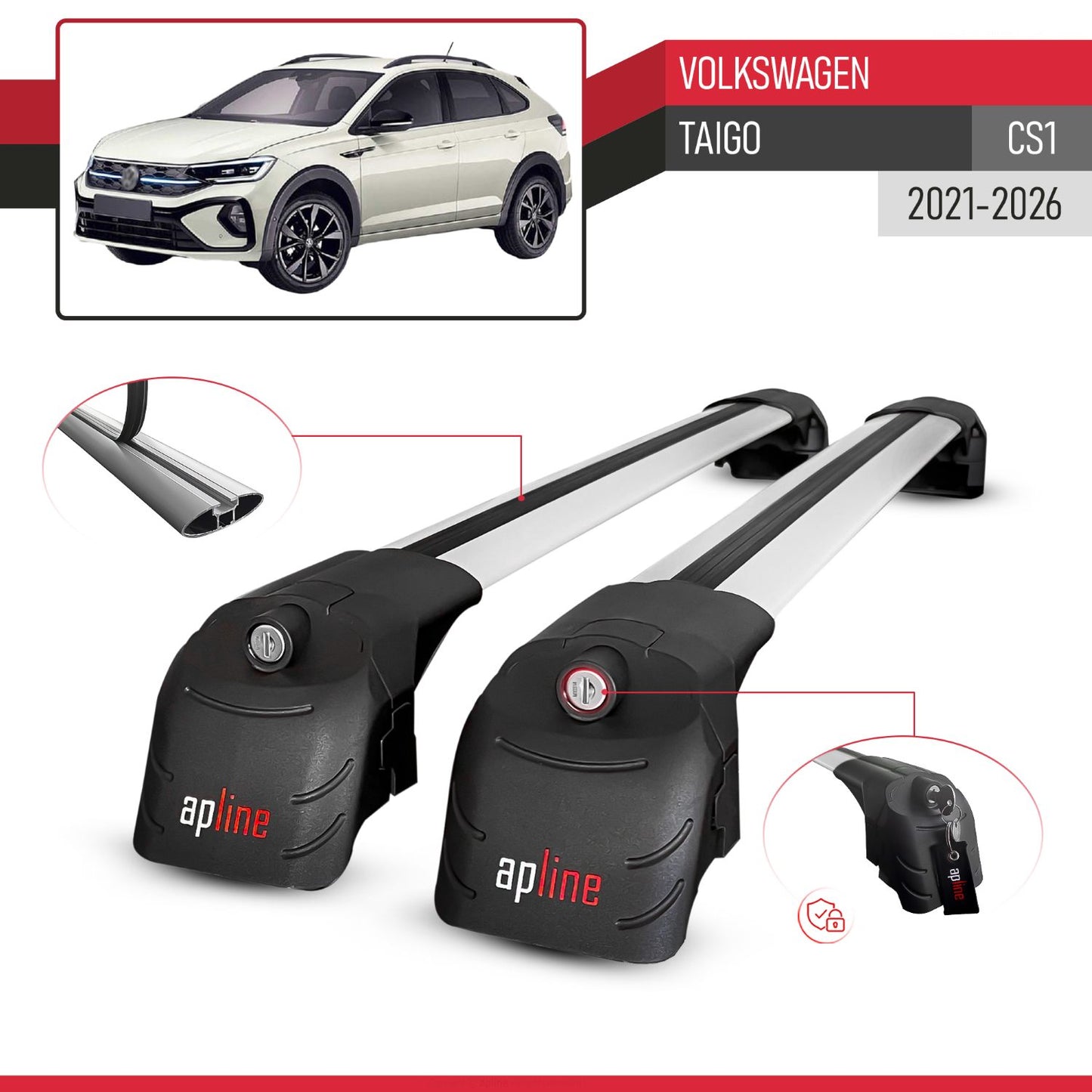 Compatible with Volkswagen Taigo (CS1) 2021-2025 ACE-2 Car Roof Rack Cross Bar Grey Aluminium 2 Bars