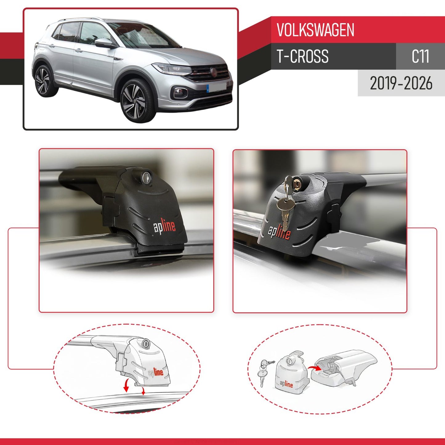 Compatible with Volkswagen T-Cross (C11) 2019-2025 ACE-2 Car Roof Rack Cross Bar Grey Aluminium 2 Bars