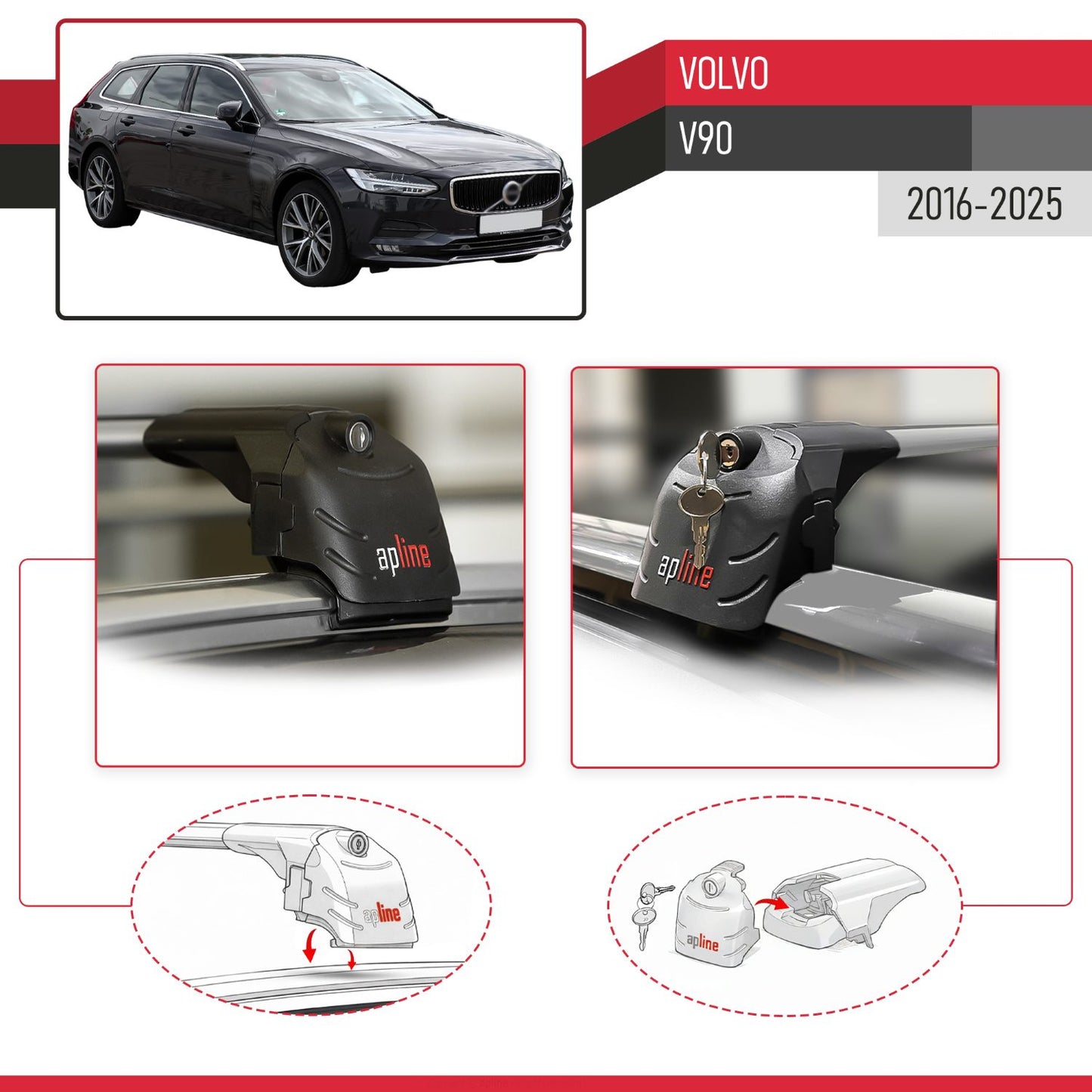 Compatible with Volvo V90 2017-2025 ACE-2 Car Roof Rack Cross Bar Grey Aluminium 2 Bars