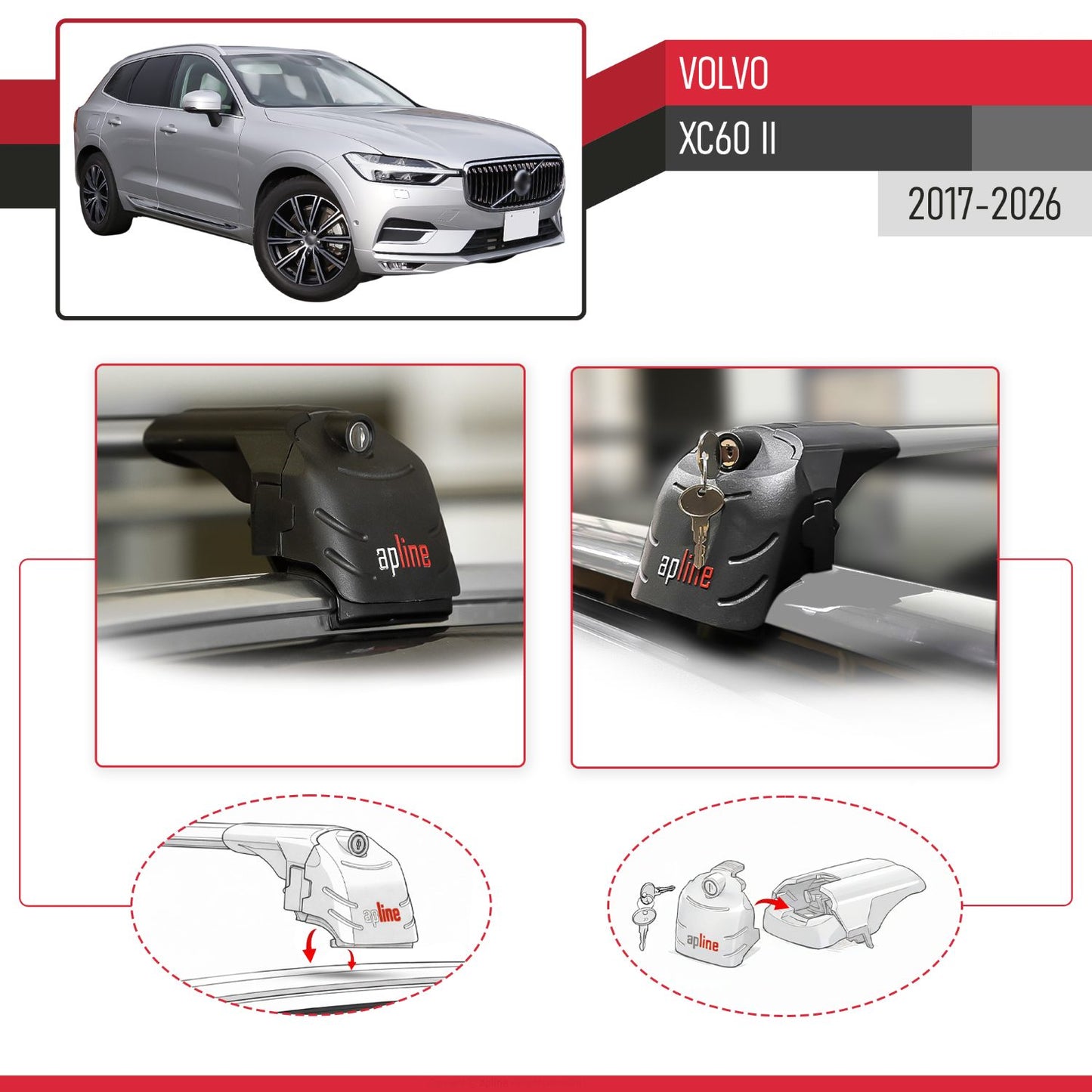 Compatible with Volvo XC60 II 2017-2025 ACE-2 Car Roof Rack Cross Bar Grey Aluminium 2 Bars