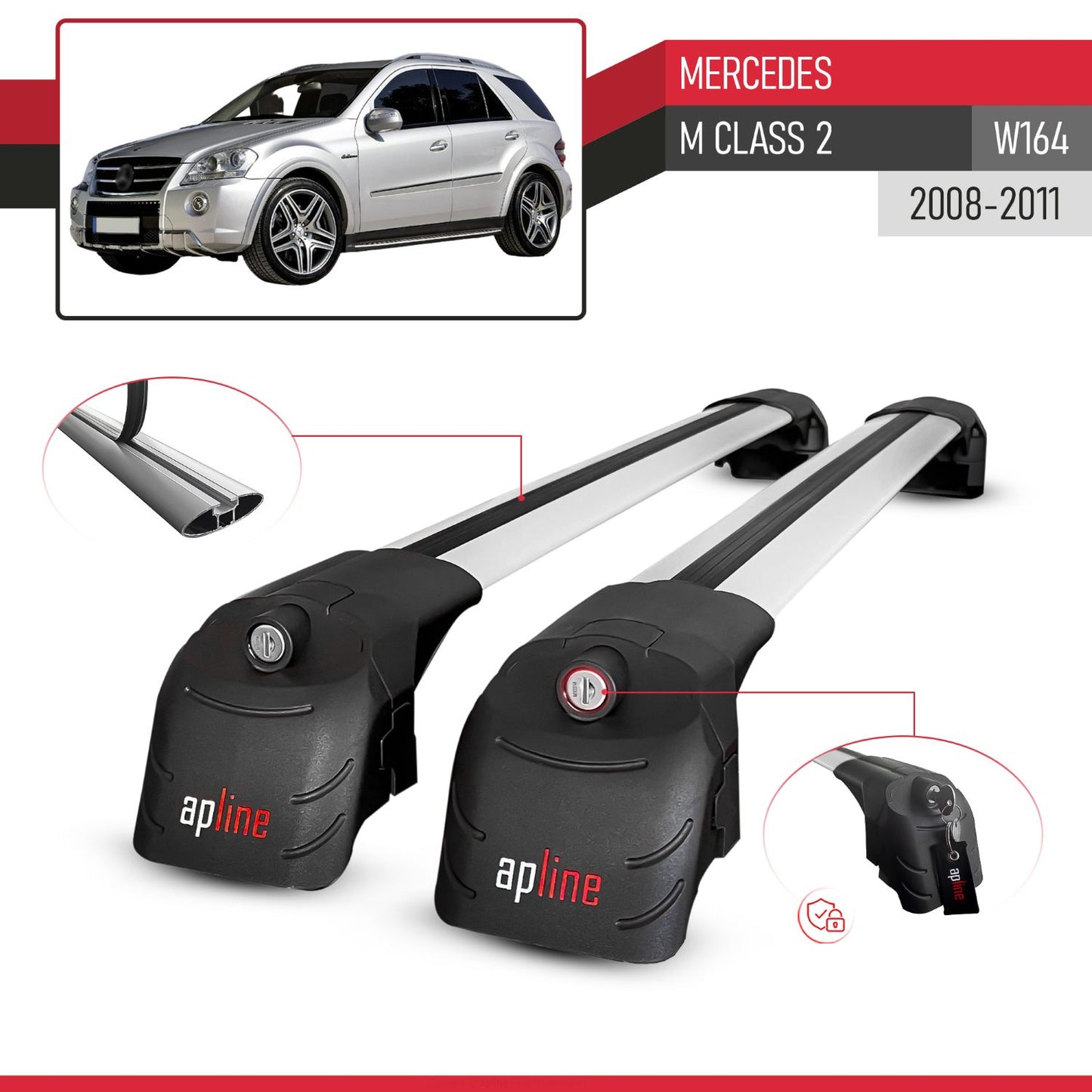 Compatible with Mercedes M Class 2 (W164) Post-Facelift 2008-2011 ACE-2 Car Roof Rack Cross Bar Grey Aluminium 2 Bars