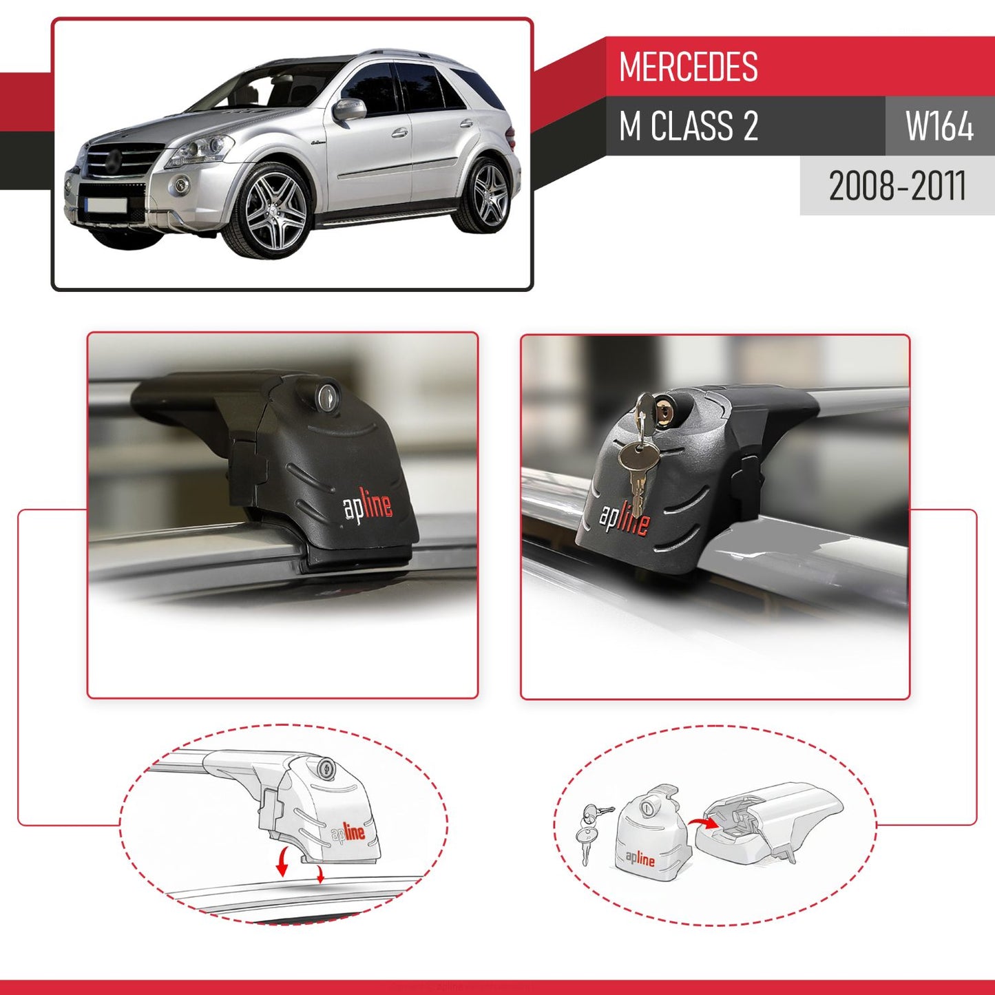 Compatible with Mercedes M Class 2 (W164) Post-Facelift 2008-2011 ACE-2 Car Roof Rack Cross Bar Grey Aluminium 2 Bars