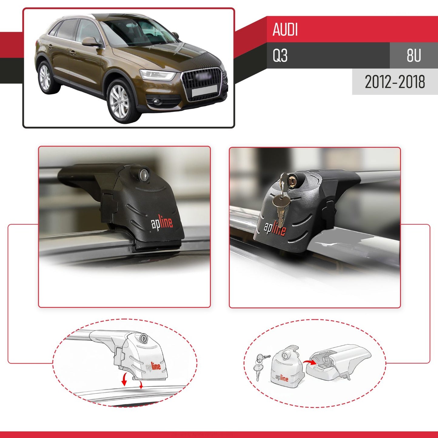 Compatible with Q3 (8U) 2012-2018 ACE-2 Car Roof Rack Cross Bar Grey Aluminium 2 Bars