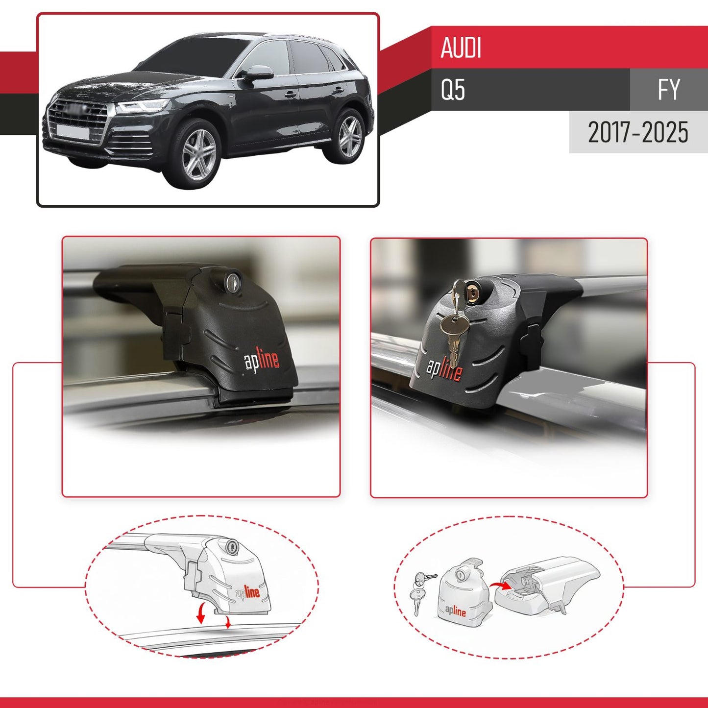 Compatible avec Audi Q5 (FY) 2017-2025 ACE-2 modèle Barres de Toit Railing Porte-Bagages de Voiture Gris Aluminium Barres