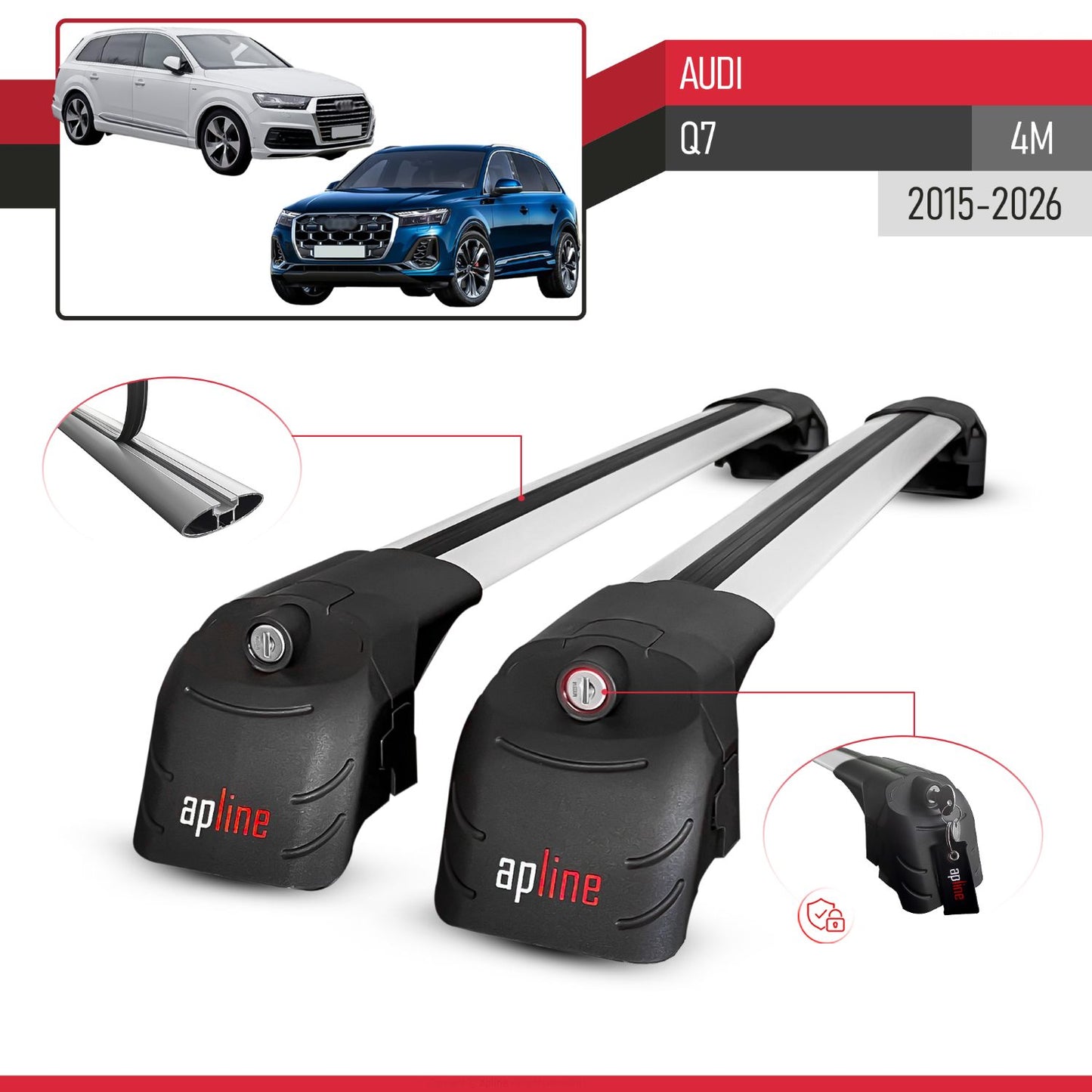 Compatible avec Audi Q7 (4M) 2015-2026 ACE-2 modèle Barres de Toit Railing Porte-Bagages de Voiture Gris Aluminium Barres