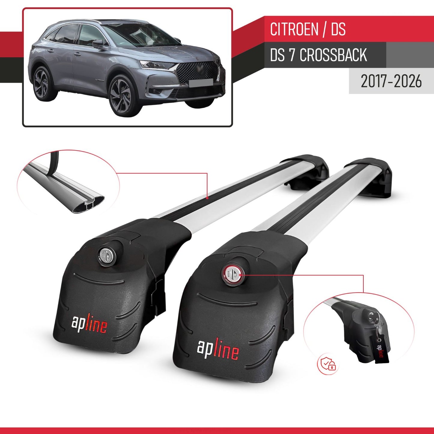 Compatible with Citroen/DS 7 Crossback 2018-2025 ACE-2 Car Roof Rack Cross Bar Grey Aluminium 2 Bars