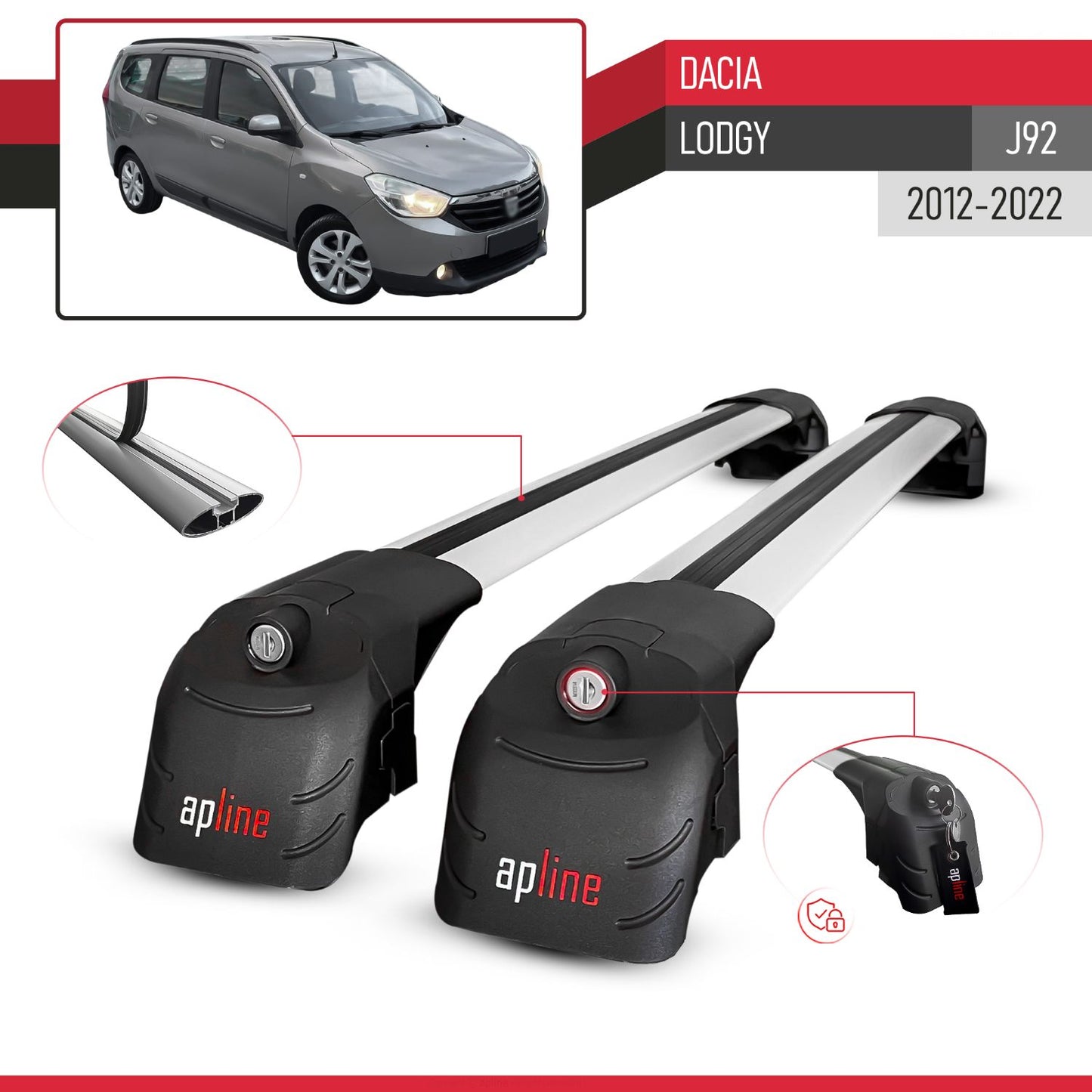 Compatible with Dacia Lodgy (J92) 2012-2022 ACE-2 Car Roof Rack Cross Bar Grey Aluminium 2 Bars