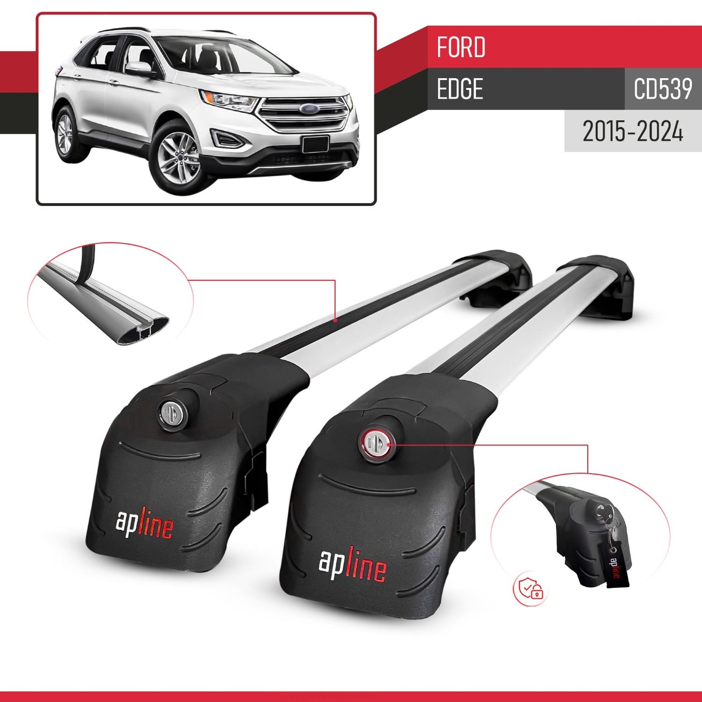 Compatible avec Ford Edge (CD539) 2015-2024 ACE-2 modèle Barres de Toit Railing Porte-Bagages de Voiture Gris Aluminium Barres