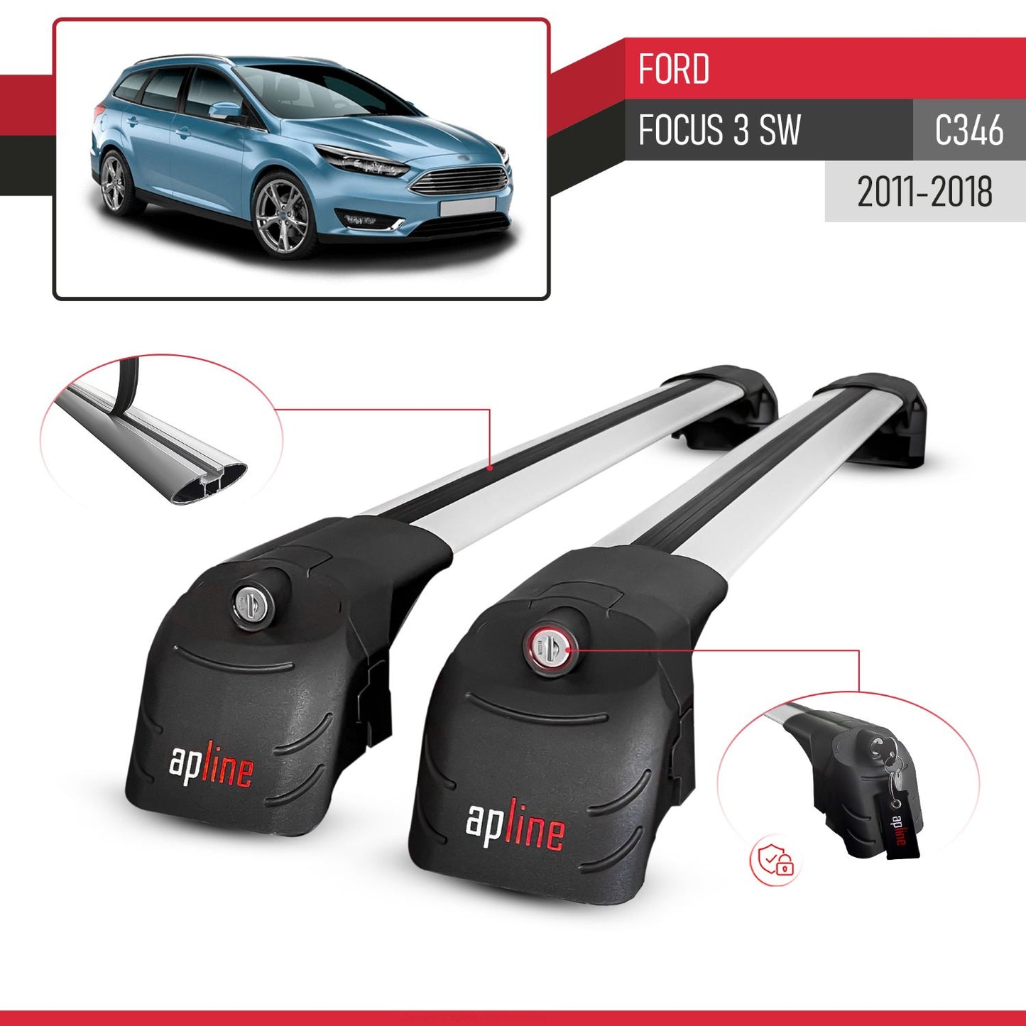 Compatible avec Ford Focus 3 (C346) SW 2011-2018 ACE-2 modèle Barres de Toit Railing Porte-Bagages de Voiture Gris Aluminium Barres