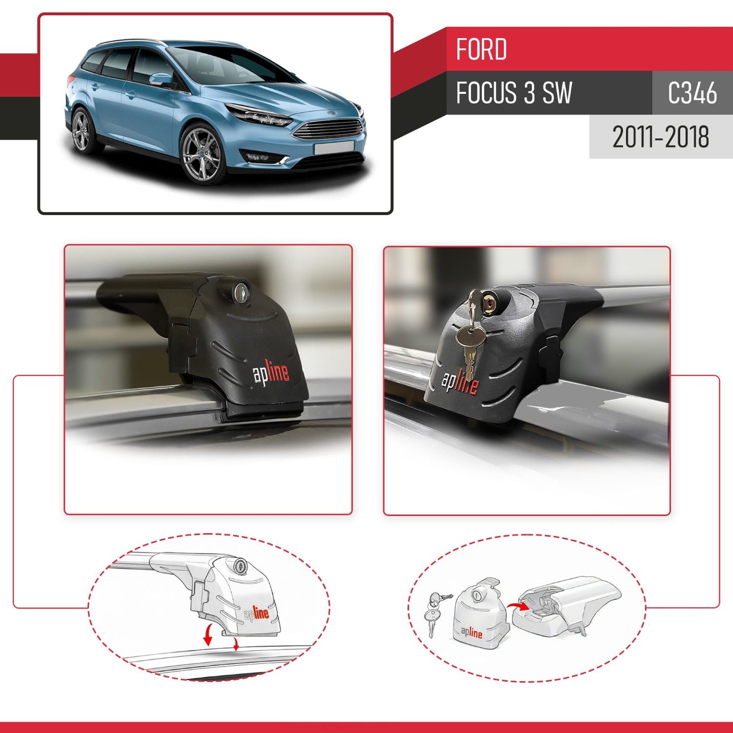Compatible avec Ford Focus 3 (C346) SW 2011-2018 ACE-2 modèle Barres de Toit Railing Porte-Bagages de Voiture Gris Aluminium Barres