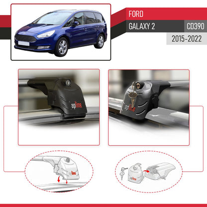 Compatible avec Ford Galaxy 2 (CD390) 2015-2022 ACE-2 modèle Barres de Toit Railing Porte-Bagages de Voiture Gris Aluminium Barres