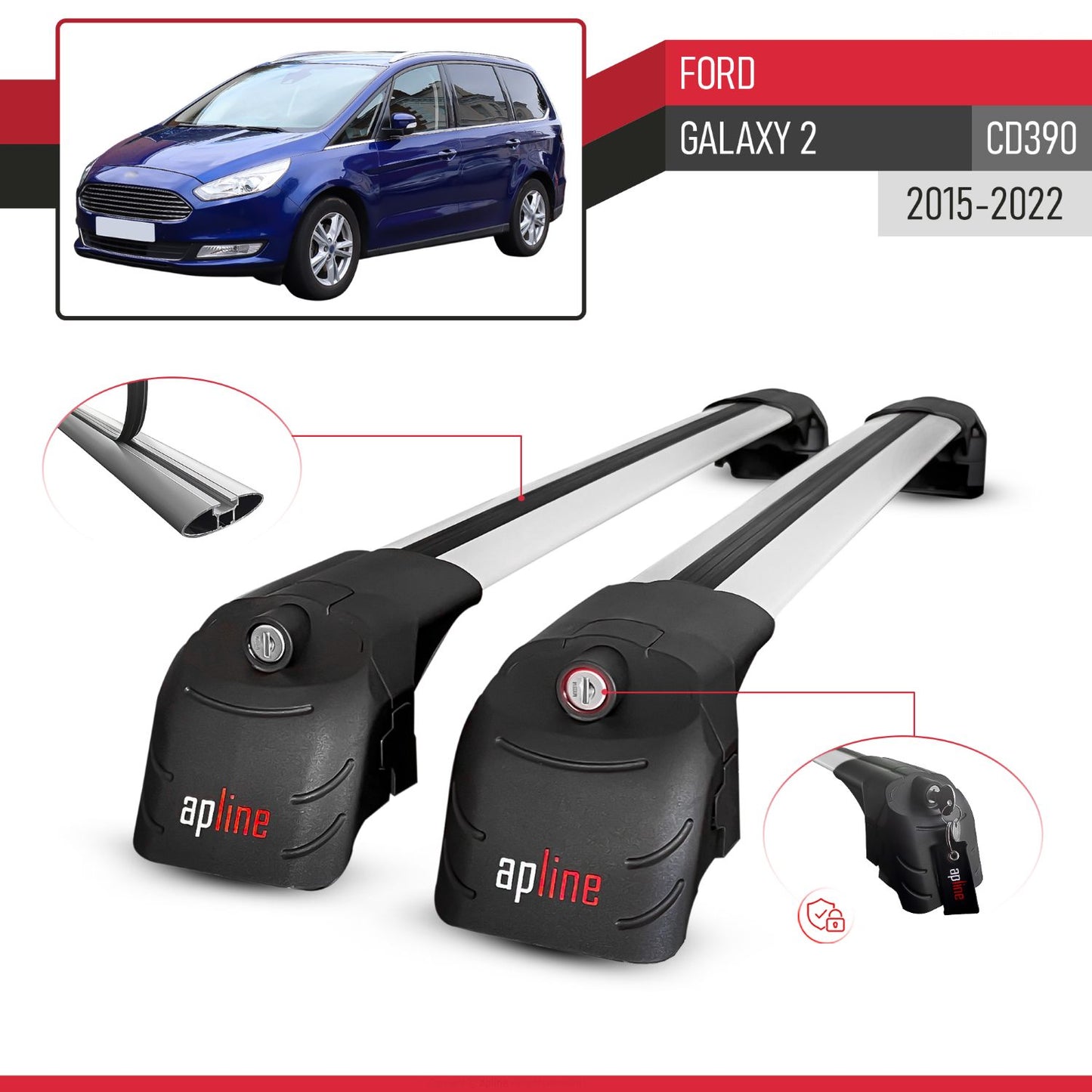 Compatible avec Ford Galaxy 2 (CD390) 2015-2022 ACE-2 modèle Barres de Toit Railing Porte-Bagages de Voiture Gris Aluminium Barres