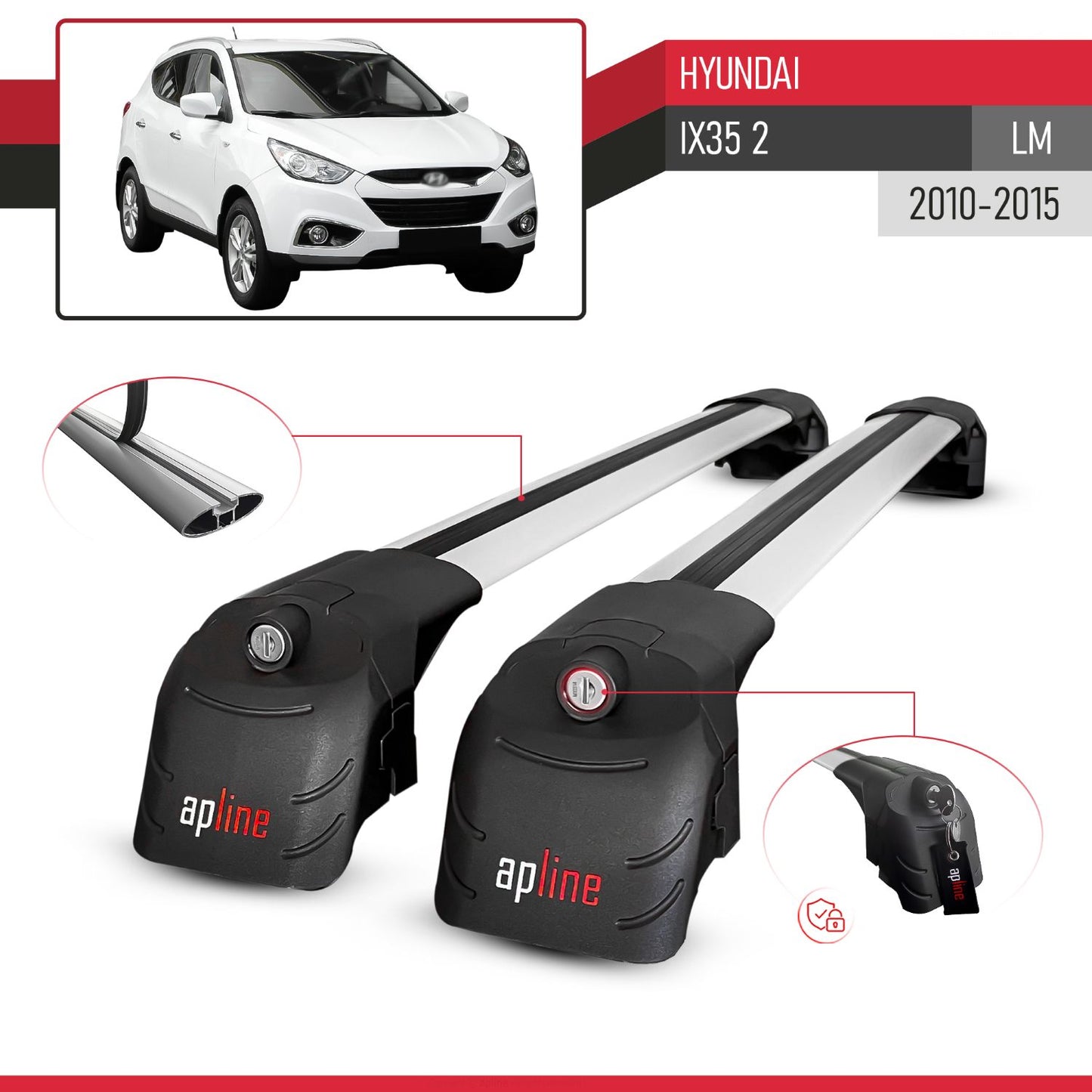 Compatible with Hyundai ix35 2 (LM) 2010-2015 ACE-2 Car Roof Rack Cross Bar Grey Aluminium 2 Bars
