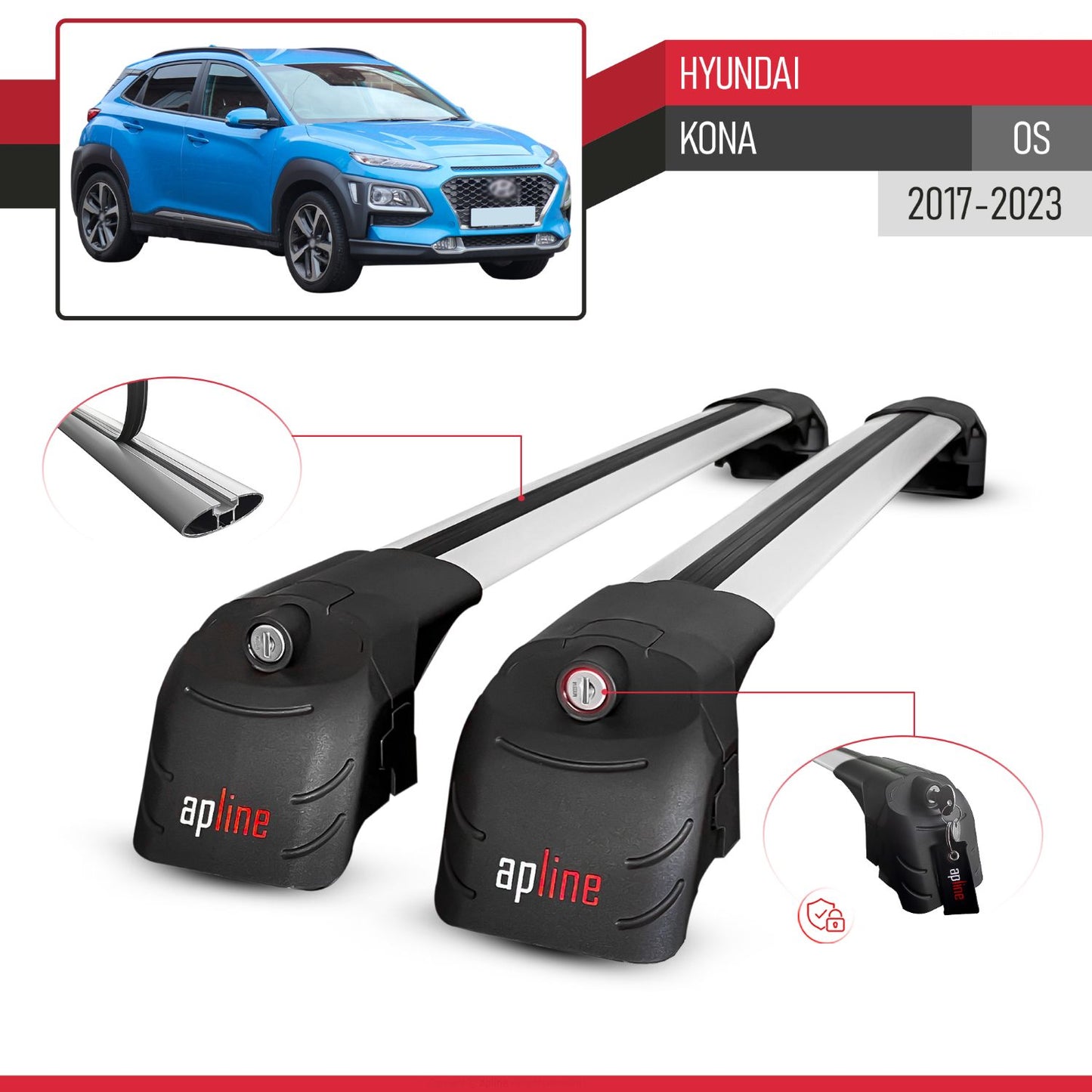 Compatible avec Hyundai Kona (OS) 2017-2023 ACE-2 modèle Barres de Toit Railing Porte-Bagages de Voiture Gris Aluminium Barres