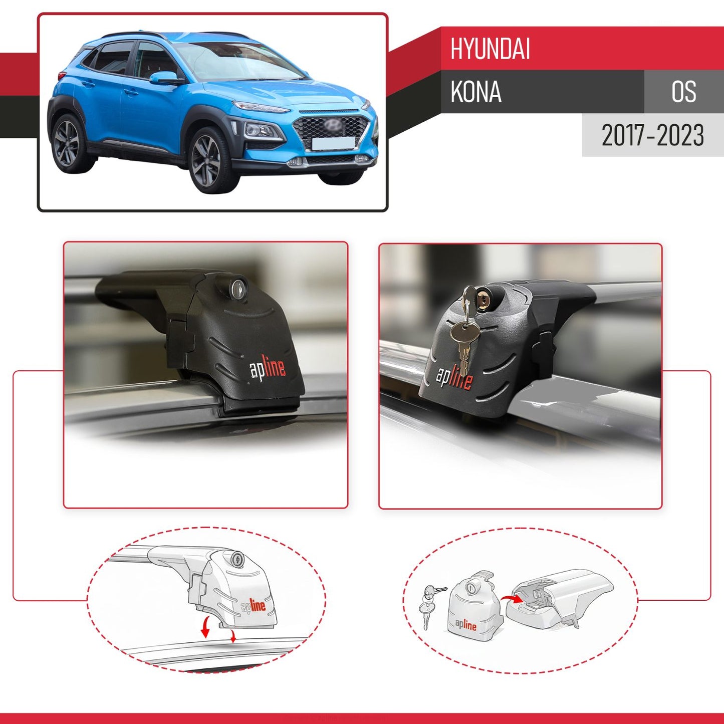 Compatible avec Hyundai Kona (OS) 2017-2023 ACE-2 modèle Barres de Toit Railing Porte-Bagages de Voiture Gris Aluminium Barres