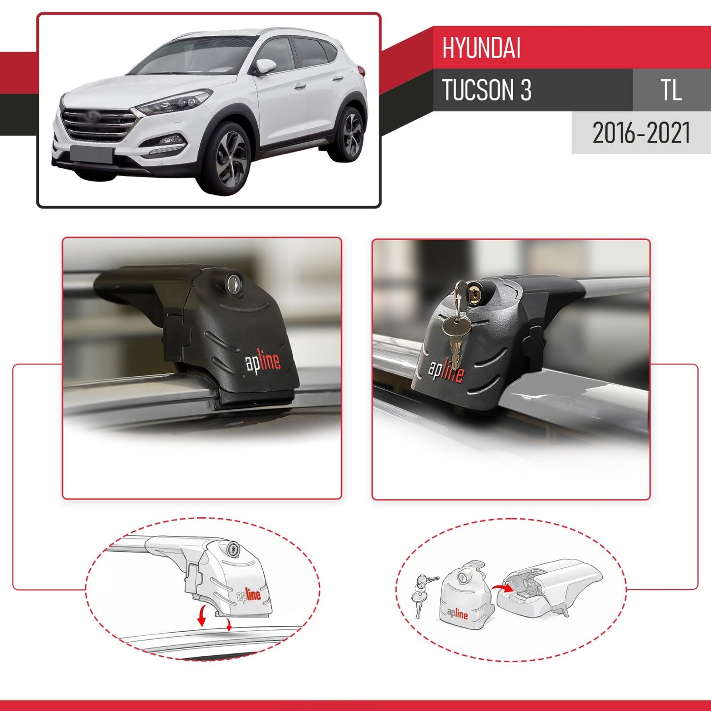 Compatible with Hyundai Tucson 3 (TL) 2016-2021 ACE-2 Car Roof Rack Cross Bar Grey Aluminium 2 Bars