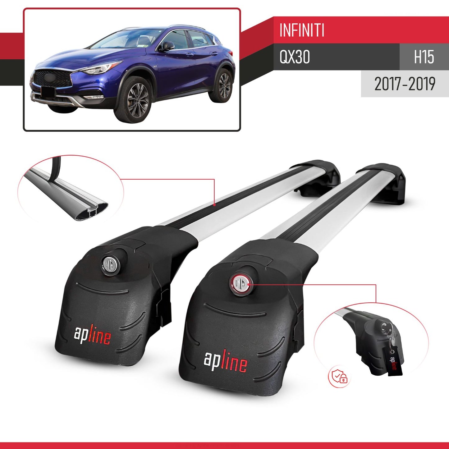 Compatible with Infiniti QX30 (H15) 2017-2019 ACE-2 Car Roof Rack Cross Bar Grey Aluminium 2 Bars