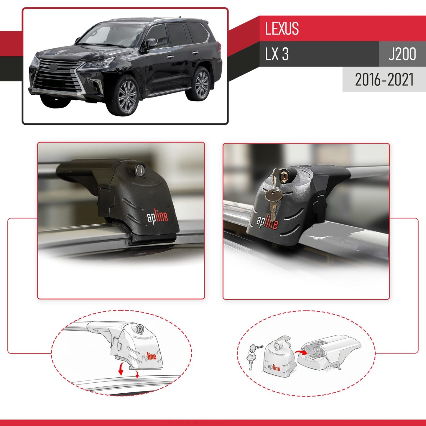 Compatible with Lexus LX 3 (J200) 2016-2021 ACE-2 Car Roof Rack Cross Bar Grey Aluminium 2 Bars