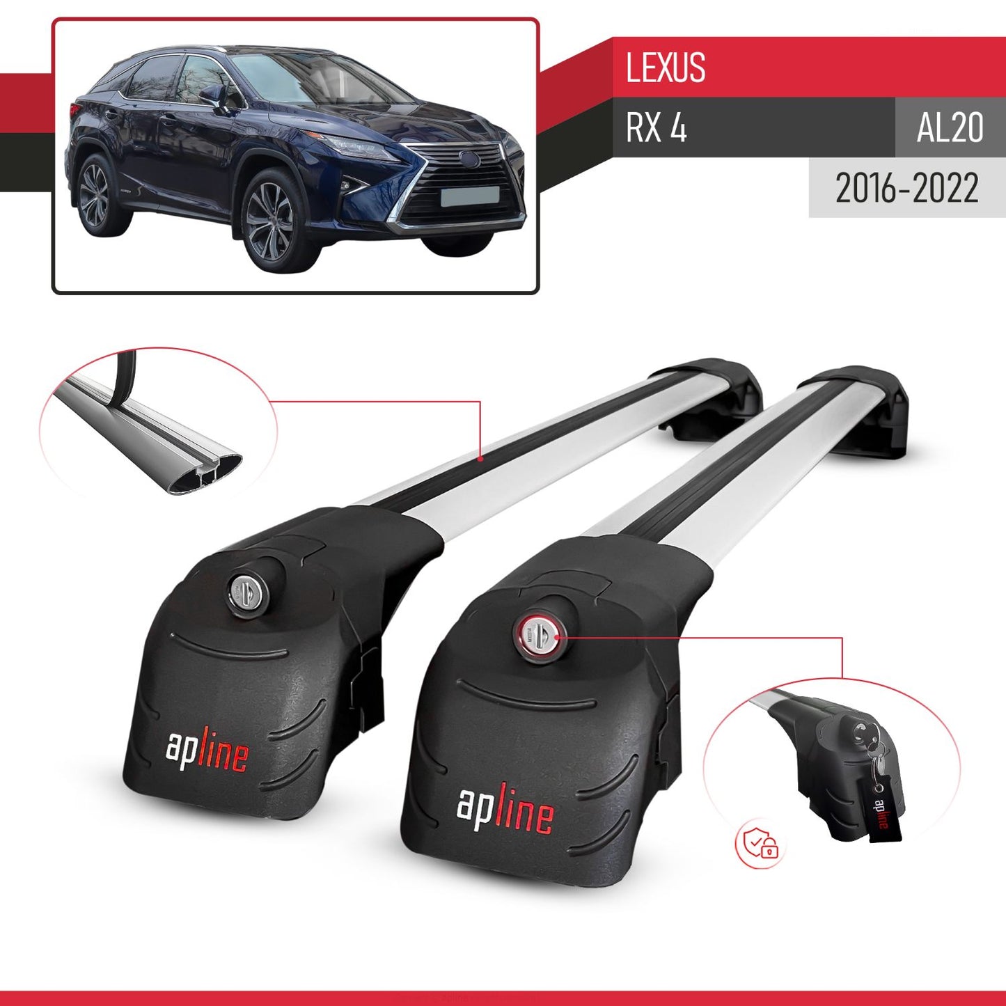 Compatible with Lexus RX 4 (AL20) 2016-2022 ACE-2 Car Roof Rack Cross Bar Grey Aluminium 2 Bars