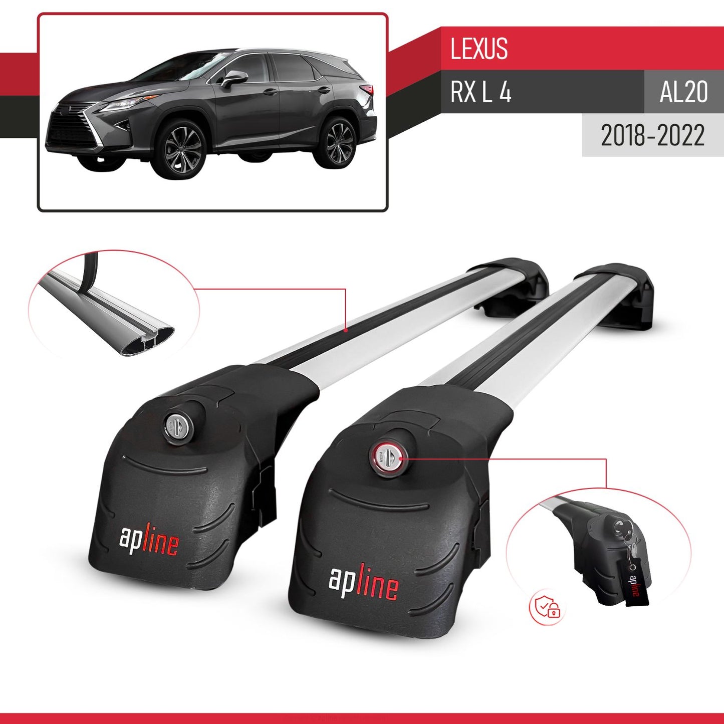 Compatible with Lexus RX 4 L (AL20) 2018-2022 ACE-2 Car Roof Rack Cross Bar Grey Aluminium 2 Bars