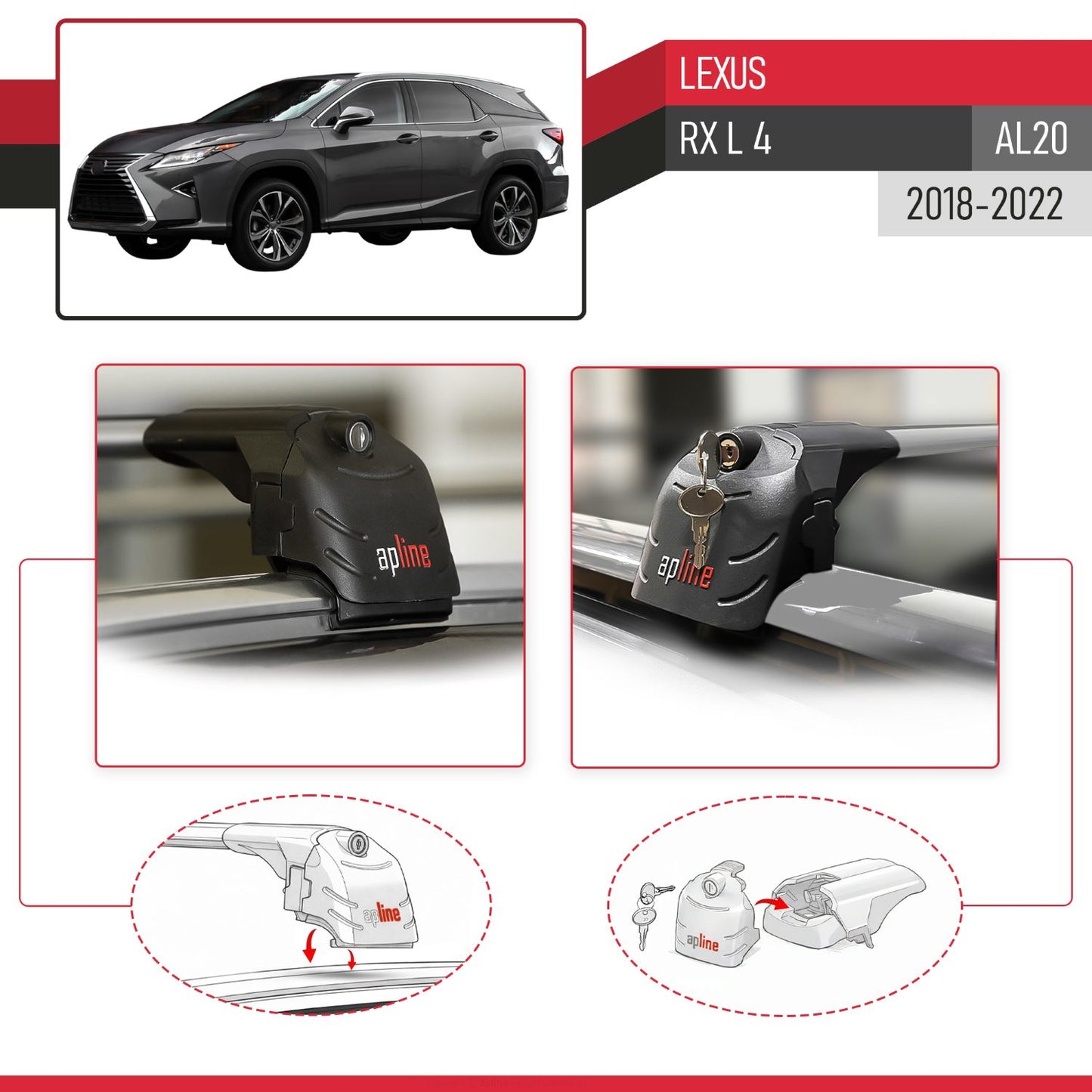 Compatible with Lexus RX 4 L (AL20) 2018-2022 ACE-2 Car Roof Rack Cross Bar Grey Aluminium 2 Bars