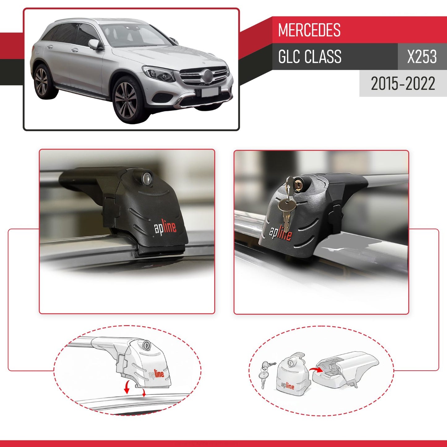 Compatible avec Mercedes GLC Class (X253) 2015-2022 (No-Sunroof) ACE-2 modèle Barres de Toit Railing Porte-Bagages de Voiture Gris Aluminium Barres
