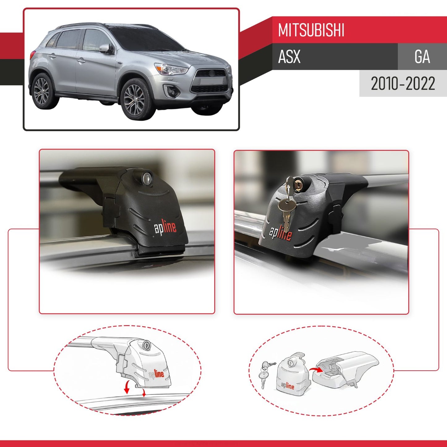 Compatible avec Mitsubishi ASX (GA) 2010-2022 ACE-2 modèle Barres de Toit Railing Porte-Bagages de Voiture Gris Aluminium Barres