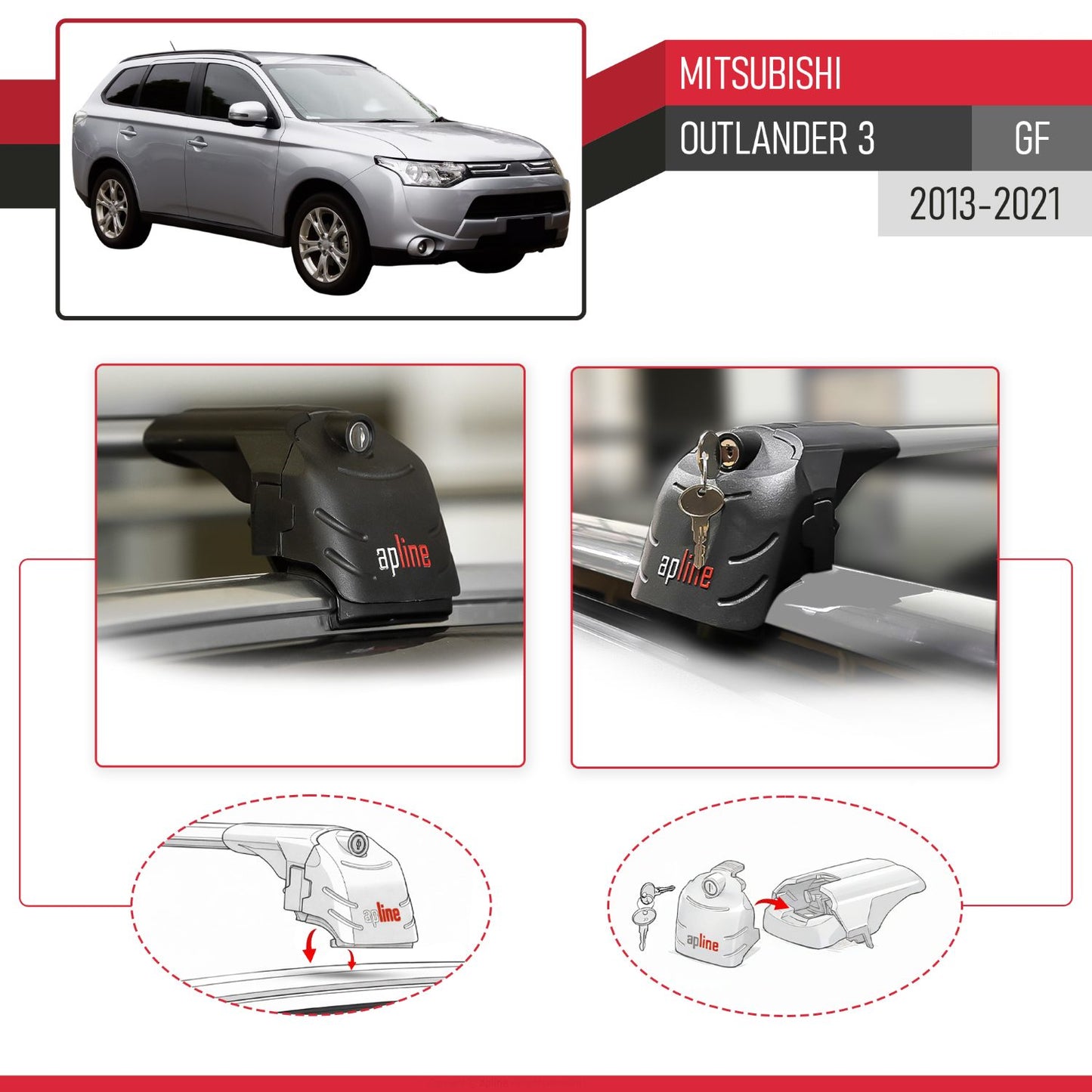 Compatible avec Mitsubishi Outlander 3 (GF) 2013-2021 ACE-2 modèle Barres de Toit Railing Porte-Bagages de Voiture Gris Aluminium Barres