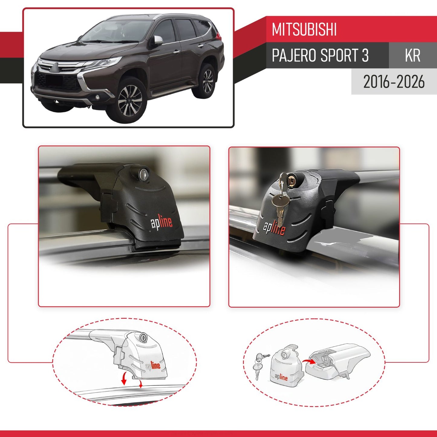 Compatible avec Mitsubishi Pajero Sport 3 (KR) 2016-2026 ACE-2 modèle Barres de Toit Railing Porte-Bagages de Voiture Gris Aluminium Barres