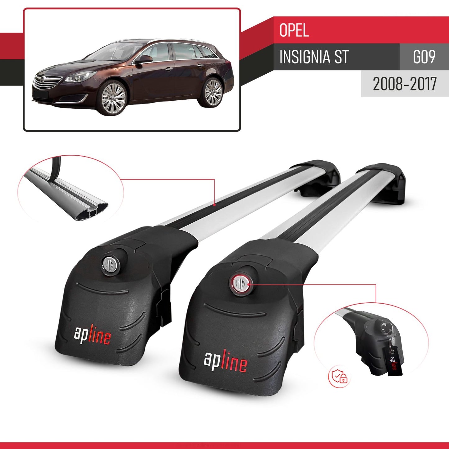 Compatible with Opel Insignia (G09) ST 2009-2017 ACE-2 Car Roof Rack Cross Bar Grey Aluminium 2 Bars