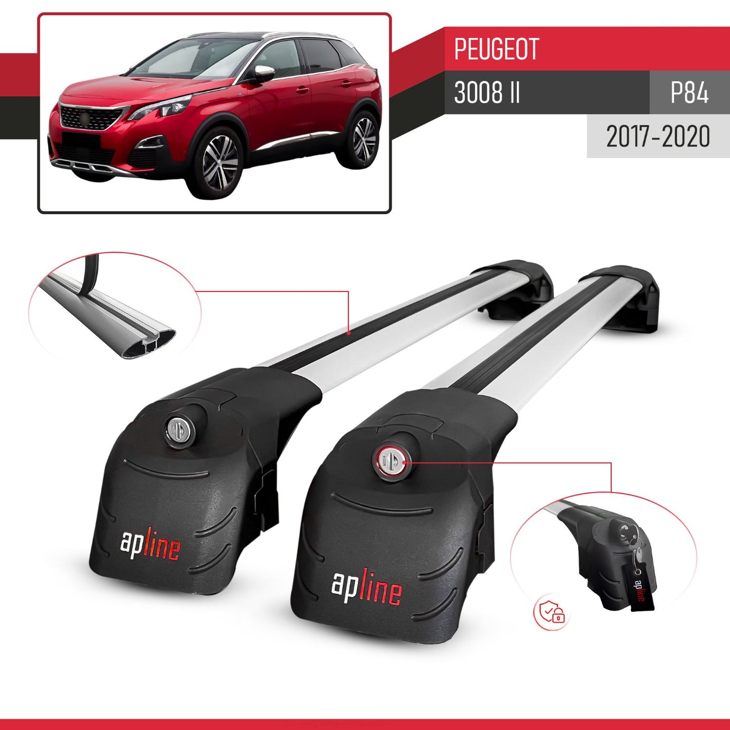 Compatible with Peugeot 3008 II (P84) Pre-Facelift 2017-2020 ACE-2 Car Roof Rack Cross Bar Grey Aluminium 2 Bars