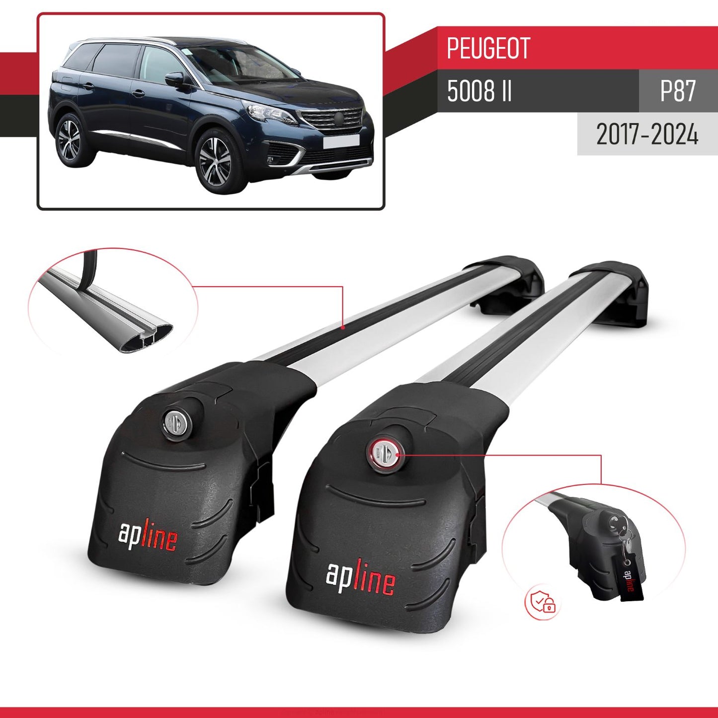 Compatible avec Peugeot 5008 II (P87) 2017-2024 ACE-2 modèle Barres de Toit Railing Porte-Bagages de Voiture Gris Aluminium Barres