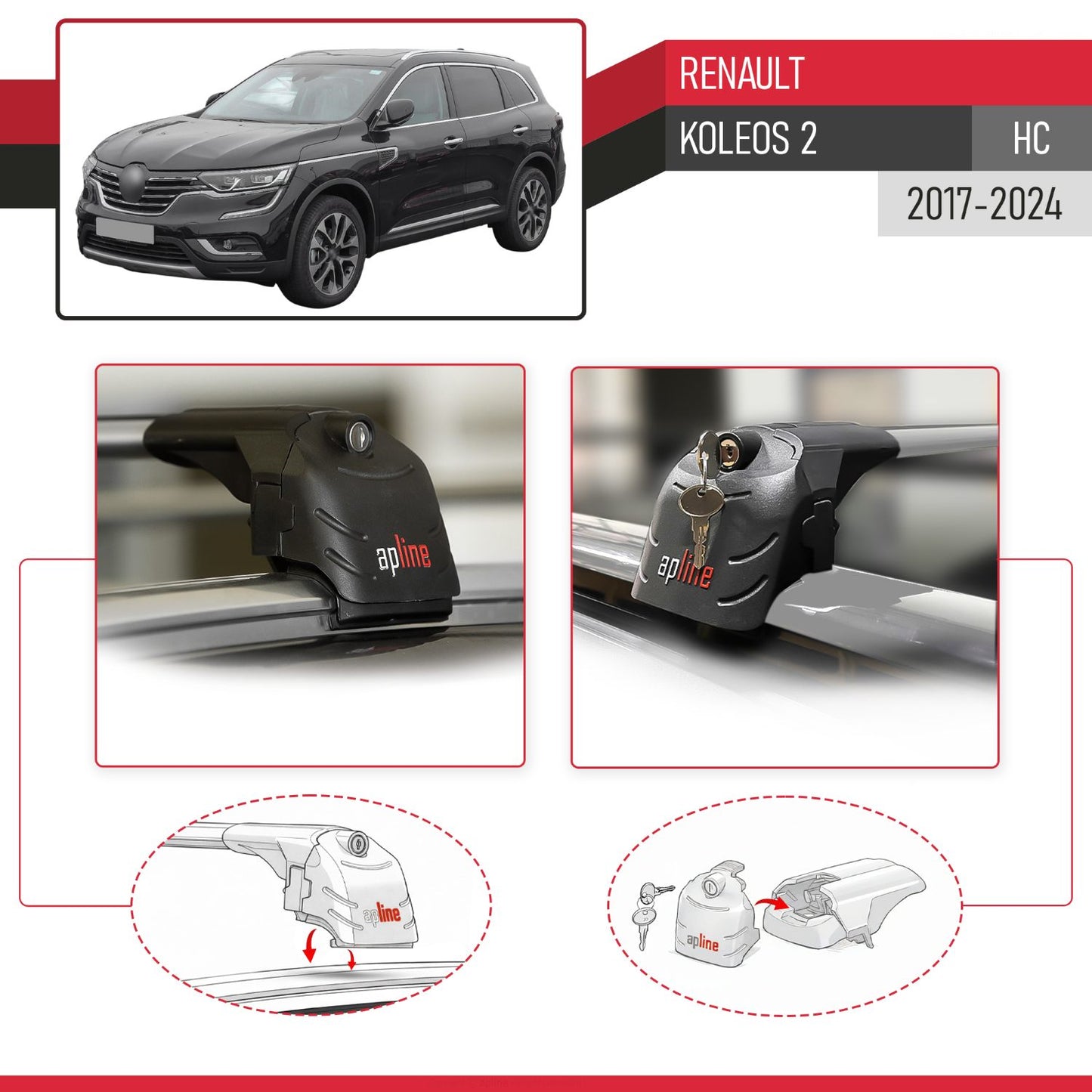 Compatible avec Renault Koleos 2 (HC) 2017-2024 ACE-2 modèle Barres de Toit Railing Porte-Bagages de Voiture Gris Aluminium Barres