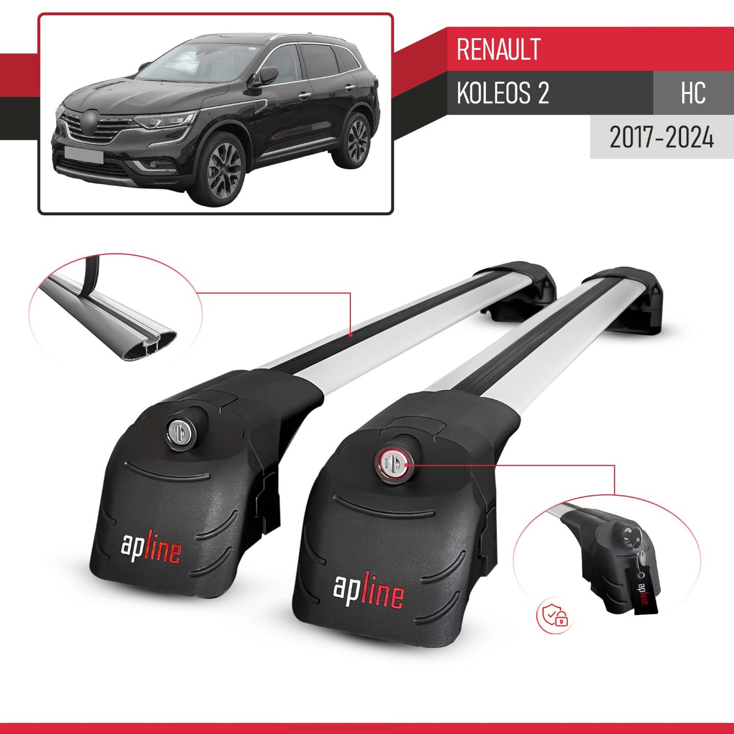 Compatible avec Renault Koleos 2 (HC) 2017-2024 ACE-2 modèle Barres de Toit Railing Porte-Bagages de Voiture Gris Aluminium Barres