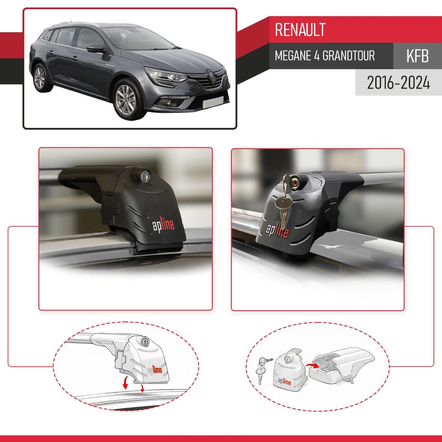Compatible avec Renault Megane 4 (KFB) Grandtour 2016-2024 ACE-2 modèle Barres de Toit Railing Porte-Bagages de Voiture Gris Aluminium Barres
