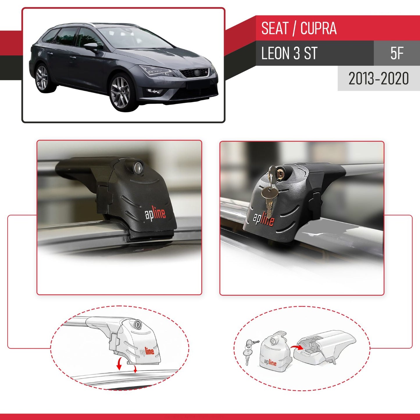 Compatible with Seat Leon 3 (5F) Cupra ST 2013-2020 ACE-2 Car Roof Rack Cross Bar Grey Aluminium 2 Bars