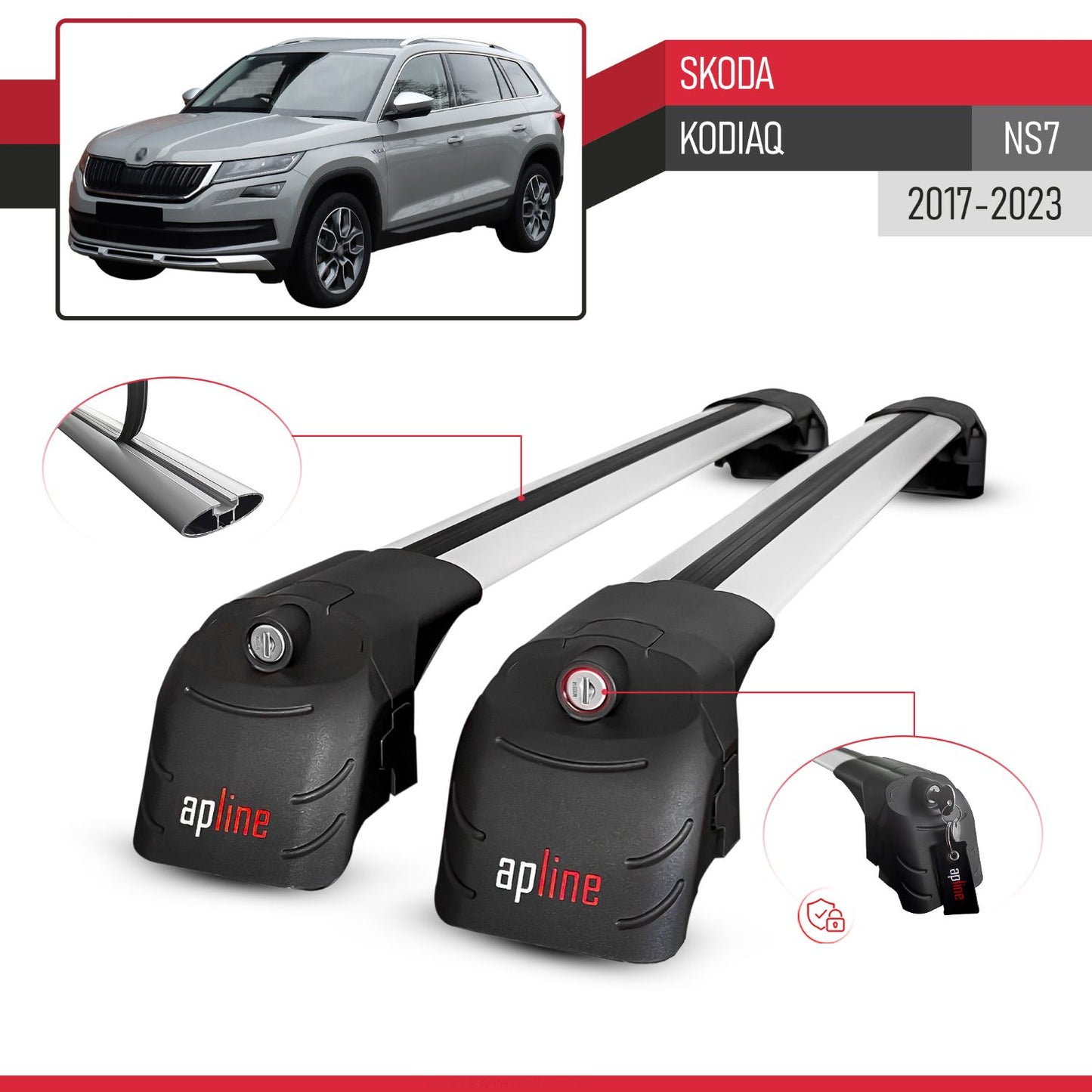 Compatible with Skoda Kodiaq 2017-2023 ACE-2 Car Roof Rack Cross Bar Grey Aluminium 2 Bars