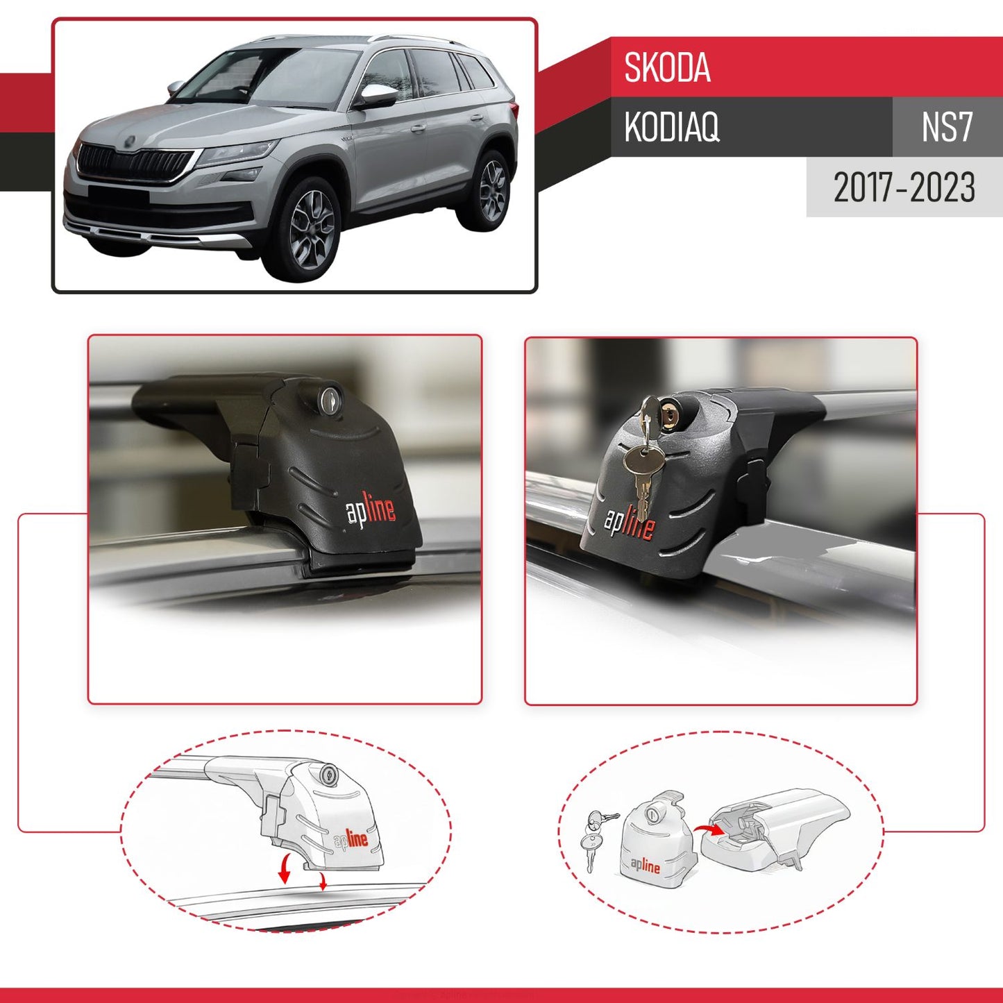 Compatible with Skoda Kodiaq 2017-2023 ACE-2 Car Roof Rack Cross Bar Grey Aluminium 2 Bars